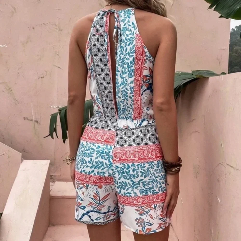 Boho Floral Print Tropical Cottagecore Halter Romper - Picture 5 of 13